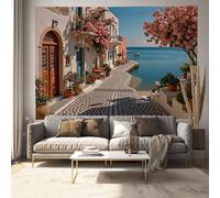 JRISEMECY Tapisserie Murale Rue Des Fleurs Grecques Tenture La Grande Paysage De Bord De Mer Deco Tenture Murale Poster 3D Effet Beige Peinture Murales Tissu Estampes Pour Chambre Salon 230X150Cm