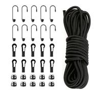 JRJRN Paracorde multifonction en polypropylène noir de 20 m, résistante à la déchirure, avec crochets en spirale/crochets en plastique/pinces d'étranglement, corde de parachute pour jardin et maison