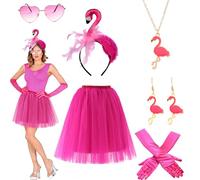 JrnSvp Lot de 6 costumes de flamant rose pour femme, accessoires de costume de carnaval, jupe en tulle rose, lunettes d'amour, écharpe en plumes, serre-tête flamant rose, gants roses, boucles