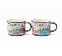 JRose Collections Lot de 2 tasses à expresso London - 100 ml - Petites tasses à café en céramique avec poignée irisée et motif horizon - Coffret cadeau - Tasses à cappuccino souvenir - Lavage à la