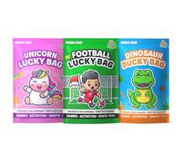 JRose Collections Lot de 3 sacs porte-bonheur pour enfants - Licorne, football et dinosaure avec 8 surprises chacun - Jouets, jeux, travaux manuels, autocollants et feuilles d'activités - Remplissage