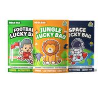 JRose Collections Lot de 3 sacs porte-bonheur pour enfants - Sacs de football, jungle et espace avec 8 surprises chacun - Jouets, jeux, travaux manuels, autocollants et feuilles d'activités