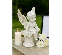 JRose Collections Statue de chérubin d'ange blanc assis sur des livres - Figurine en résine de 20 cm de haut - Ornement d'ange décoratif pour la maison, le jardin, le mémorial, l'autel spirituel