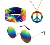 JRSHIRLEYLTD Lot de 3 accessoires hippie pour vêtements hippie comprenant bandeau, collier, lunettes de soleil, pour fête, anniversaire, déguisement, les adolescents, les adultes