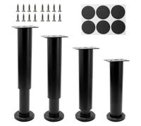JRSHIRLEYLTD Lot de 4 pieds de meubles réglables en hauteur - En métal - Noir - Réglable de 12 à 18 cm - Pieds de support réglables pour meubles, armoire, lit - Avec 6 pieds de table en caoutchouc