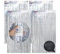 JRSHIRLEYLTD Lot de 4 rideaux à lamelles argentées à paillettes - Avec 12 autocollants - Rideaux de fête métalliques - Pour fond de photo - Serpentins - Décoration pour le Nouvel An 2025 - Pour Noël,