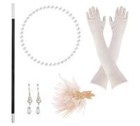 JRSHIRLEYLTD Lot de 5 accessoires des années 20, ensemble d'accessoires des années 1920, costume de masque, jeu de rôle, bandeau, gants, collier et boucles d'oreilles, Couleur champagne, taille unique