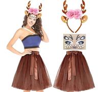 JRTYMLU Deguisement Hippie Femme,Déguisement Année 60 70 80,Jupe Tulle Femme Cerf acve Serre-Tête de Bois,Tatouages,para Mariage Princesse Ballet Classique Carnaval d'Halloween Faire la Fête