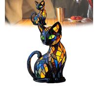 Jrudjsnhhty Veilleuse de table en résine teintée pour tables de nuit, lampe à lueur chaude, lampe chat en résine vitrail