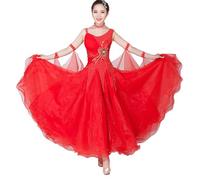 JRUIA Costume De Compétition De Tango Robes De Danse De Salon À Col Rond Tenue De Valse Ruban Vêtements De Danse Standard Nationaux pour Femmes Grande Jupe Trapèze en Tulle Jupe,Rouge,M