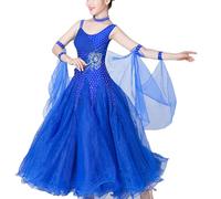 JRUIA Costume De Compétition De Tango Robes De Danse De Salon À Col Rond Tenue De Valse Ruban Vêtements De Danse Standard Nationaux pour Femmes Grande Jupe Trapèze en Tulle Jupe,Bleu,3XL