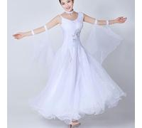 JRUIA Costume De Compétition De Tango Robes De Danse De Salon À Col Rond Tenue De Valse Ruban Vêtements De Danse Standard Nationaux pour Femmes Grande Jupe Trapèze en Tulle Jupe,Blanc,L