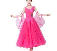 JRUIA Costume De Compétition De Tango Robes De Danse De Salon À Col Rond Tenue De Valse Ruban Vêtements De Danse Standard Nationaux pour Femmes Grande Jupe Trapèze en Tulle Jupe,Rose,3XL