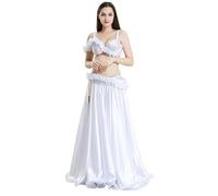 JRUIA Costume De Danse Orientale Professionnel pour Femme Tenue De Danse De Compétition De Carnaval Ensemble 3 Pièces : Haut, Soutien-Gorge, Ceinture Et Jupe Longue,Blanc,S