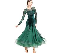 JRUIA Costume De Spectacle De Valse en Dentelle Robes De Concours De Danse De Salon Standard National À Manches Longues pour Femmes Velours Tango Salsa Danse Vêtements Jupe A-Ligne,Vert,XL