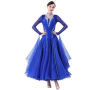 JRUIA Professional Ballroom Dance Competition Dresses Women's National Standard Dancewear Waltz Foxtrot Dancing Outfit with Rhinestone Great Tulle Swing,Bleu,3XL