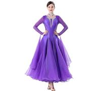 JRUIA Professional Ballroom Dance Competition Dresses Women's National Standard Dancewear Waltz Foxtrot Dancing Outfit with Rhinestone Great Tulle Swing,Violet,3XL