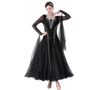 JRUIA Professional Ballroom Dance Competition Dresses Women's National Standard Dancewear Waltz Foxtrot Dancing Outfit with Rhinestone Great Tulle Swing,Noir,XXL