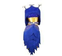 JRUIA Robe De Concours De Danse Latine Professionnelle pour Femmes Jupe Salsa Tango À Franges Costumes De Spectacle Cha Cha Vêtements De Salle De Bal sans Manches Creux Sexy pour Samba,Bleu,S