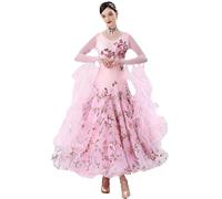 JRUIA Robes De Danse De Salon Brodées pour Femme pour Compétition Tenue De Danse Professionnelle pour Valse Foxtrot Vêtements De Danse Flamenco Et Tango Raffinés Superbe Jupe Swing,Rose,3XL