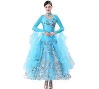 JRUIA Robes De Danse De Salon Brodées pour Femme pour Compétition Tenue De Danse Professionnelle pour Valse Foxtrot Vêtements De Danse Flamenco Et Tango Raffinés Superbe Jupe Swing,Bleu,S