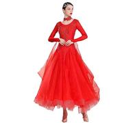 JRUIA Robes De Danse De Salon Standard Vêtements De Compétition De Flamenco Foxtrot pour Femme Costume De Valse Tango avec Magnifique Cache Cou Superbe Jupe Swing,Rouge,3XL