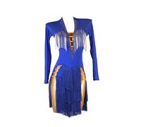 JRUIA Robes De Danse Latine pour La Compétition Tenues De Danse De Salon pour Femmes Vêtements De Danse Salsa Et Tango Ajourés Jupe De Danse Fendue sur Le Côté pour Rumba Salsa,Bleu,M