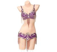 JRUIA Robes De Danse Orientale Femme Tenue De Carnaval Costumes De Danseuse du Ventre Robe De Soirée À Franges Et Paillettes Belly Crop Top Bra and Belt Dancing 2 Piece Outfits,C,S
