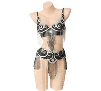 JRUIA Robes De Danse Orientale Femme Tenue De Carnaval Costumes De Danseuse du Ventre Robe De Soirée À Franges Et Paillettes Belly Crop Top Bra and Belt Dancing 2 Piece Outfits,A,S