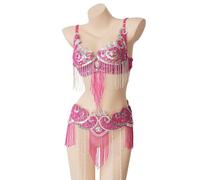 JRUIA Robes De Danse Orientale Femme Tenue De Carnaval Costumes De Danseuse du Ventre Robe De Soirée À Franges Et Paillettes Belly Crop Top Bra and Belt Dancing 2 Piece Outfits,B,L