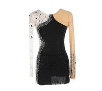 JRUIA Robes De Patinage sur Glace pour Enfants Manche Longue Costumes De Performance des Filles Strass Brillants Usure De Patinage Sportif À Rouleaux Jupes De Gymnastique,Noir,7_10Years