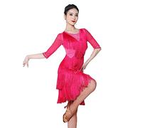 JRUIA Robes D'entraînement De Danse Latine À Franges Déguisements Tango Standard Compétition Manches Mi-Longues Femme Cha Cha Salsa Vêtements De Danse Professionnels Jupe Irrégulière,Rose,L