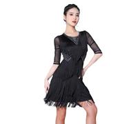 JRUIA Robes D'entraînement De Danse Latine pour Femmes Robes De Bal Costumes De Spectacle De Salsa Cha Cha avec des Pompons Superposés Et des Strass Jupe pour Samba Tango,C,3XL