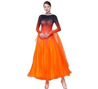 JRUIA Robes Nationales De Concours De Danse Standard Vêtements De Danse De Salle De Bal Professionnels pour Les Femmes À Manches Longues Costume De Valse Grande Jupe Swing,Orange,3XL