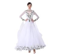 JRUIA Tenue De Performance De Danse De Valse pour Femme Robes De Compétition De Danse De Salon Professionnelles Costumes De Tango Flamenco avec Strass Et Broderies,Blanc,S
