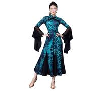 JRUIA Tenues De Danse De Salon pour Compétitions Costume De Valse Imprimé Robes De Danse Standard Internationales Vêtements De Foxtrot Flamenco pour Femmes À Manches Trompette,Bleu,XL