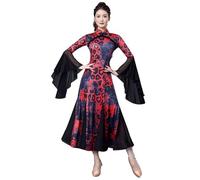 JRUIA Tenues De Danse De Salon pour Compétitions Costume De Valse Imprimé Robes De Danse Standard Internationales Vêtements De Foxtrot Flamenco pour Femmes À Manches Trompette,Rouge,M