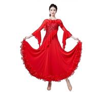 JRUIA Tenues De Danse De Valse Professionnelles pour Femmes Robes De Compétition De Danse De Salon Standard Tenue De Tango avec Volants pour Spectacles Costume De Danse De Société,E,XL