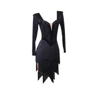 JRUIA Vêtements De Danse Cha Cha pour Femme Robes De Danse Latine De Salon pour Compétition Tenue De Tango Salsa À Manches Longues Vêtements De Danse Brillants Pompons Superposés,C,M