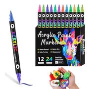 JRYXDS 12 Feutres Acryliques Double Pointe, 24 Couleurs Ne Traverse Pas, Idéal pour Enfants, DIY et Artisanat, Longueur 16.5 cm