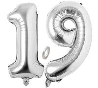 Jrzyhi Ballons en forme de chiffre 19ème anniversaire - En argent - Grand chiffre 19 - À l'hélium - Grand numéro XXL - 19 ans - Pour anniversaire, mariage, fête - 100 cm