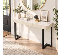 JS Ellie Console d’Entrée Effet Marbre avec Tiroirs, Table Étroite Moderne | Corps Revêtu de Cuir et Piètement en Acier Inoxydable pour Entrée, Salon et Derrière le Canapé(Style 2-B,140cm/55.1in)