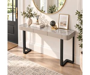 JS Ellie Console d’Entrée Effet Marbre avec Tiroirs, Table Étroite Moderne | Corps Revêtu de Cuir et Piètement en Acier Inoxydable pour Entrée, Salon et Derrière le Canapé(Style 2-C,140cm/55.1in)