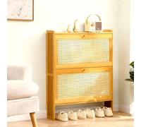 JS Space Armoire à Chaussures en Bambou Meuble Fin Autoportant avec Portes Rabattables en Rotin, Style Ferme Bohème pour Couloir & Salon Natural Wood 2 doors-70cm
