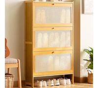 JS Space Armoire à Chaussures en Bambou Meuble Fin Autoportant avec Portes Rabattables en Rotin, Style Ferme Bohème pour Couloir & Salon Natural Wood 3 doors-50cm