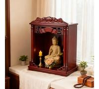JS Space Autel Bouddhiste en Bois Massif Sanctuaire Mural & Table de Méditation, Support pour Statue de Bouddha, Mandir Pooja pour la Maison Walnut 38cm/14.96in