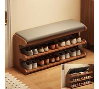 JS Space Banc à Chaussures en Bambou 3 Niveaux Rangement Rabattable avec Coussin en Lin, Idéal pour Entrée, Couloir, Vestiaire & Placard Walnut 80cm/31.50in