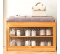 JS Space Petit Banc de Rangement de Chaussures en Bambou 2 Niveaux avec Coussin Amovible en Lin, Rangement Caché pour Couloir & Vestiaire Natural Wood 70cm/27.56in