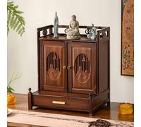 JS Space Table d'Autel Sanctuaire en Bois Support d'Étagère pour Statue de Bouddha avec Tiroir, Armoire Bouddhiste Niche Pooja & Encens Hommage Walnut Desktop with Door