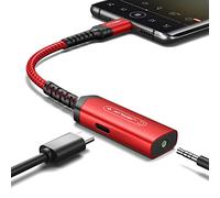 JSAUX Adaptateur USB C vers Jack 3,5 mm 2 en 1 PD 60W Charge Rapide, Audio + Charge Simultanées, DAC HiFi Haute Qualité, Compatible iPhone 17/16/15 Pro Max/Plus, Galaxy S26/S25/S24, iPad Pro/Air-Red